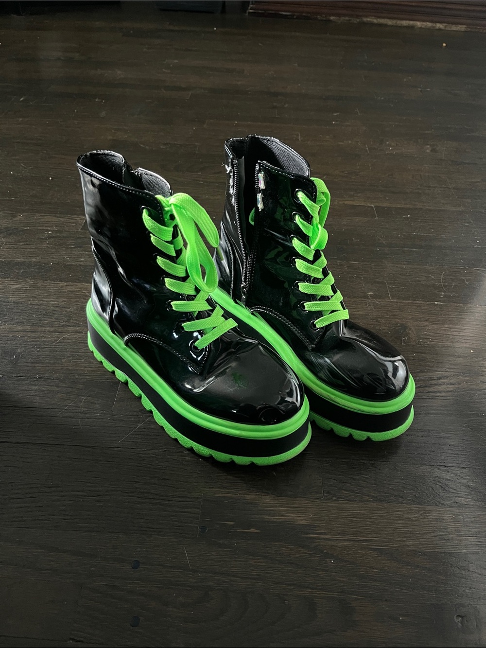 Goth Patent Platform Boots with Neon Green Trim and Laces